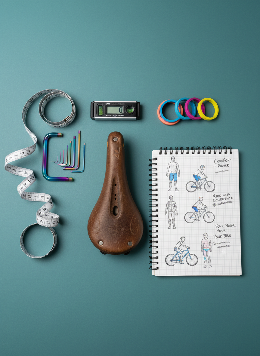 An artful flat lay of bike fit tools and playful accessories on a large, matte teal work surface. A silver tape measure forms a loose spiral near a set of rainbow-anodized hex keys, while a small digital level, stack of colorful headset spacers, and a well-worn saddle with visible grain in the leather radiate outward. Beside them, an open notebook shows sketched diagrams of different body types on bikes with encouraging handwritten notes about comfort and confidence. Soft, indirect overhead lighting creates minimal shadows and gentle highlights, keeping everything crisp and evenly illuminated. The photographic composition is top-down, perfectly balanced with negative space around the edges, evoking a sense of organized creativity and inclusive, nerdy precision that reflects a feminist bike fitting studio’s ethos.
