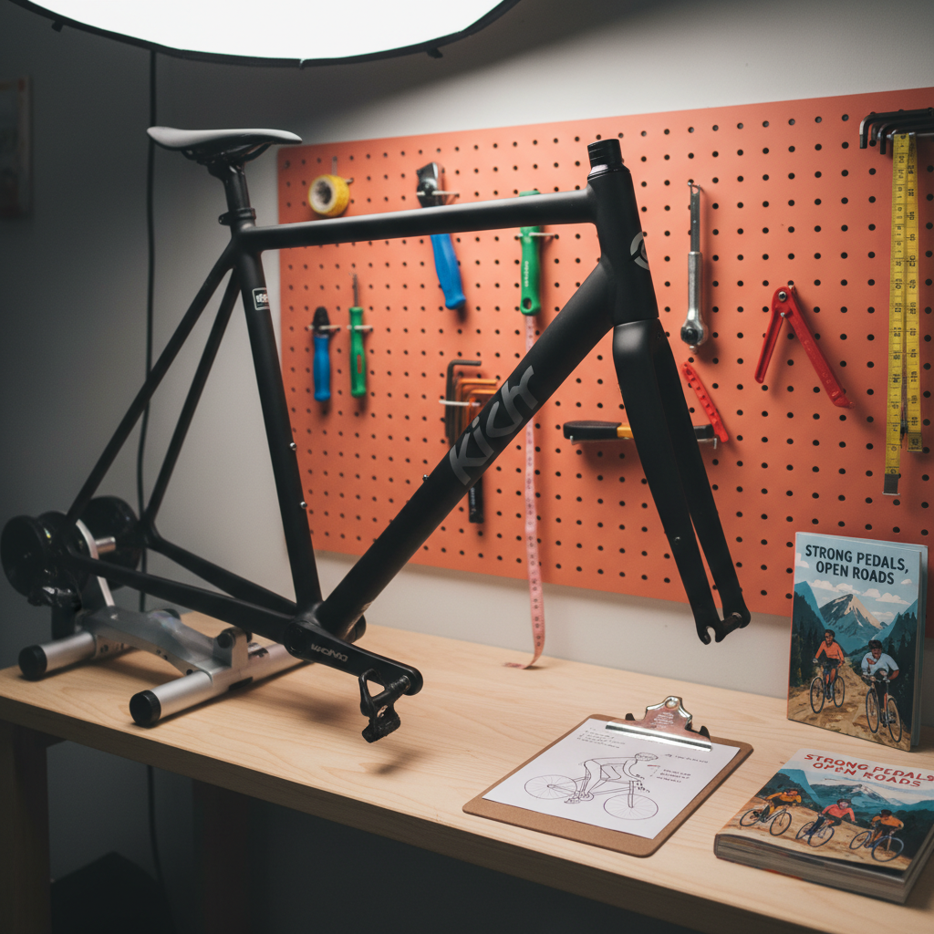 A close-up, photographic realistic view of a custom bike fitting station featuring a sleek matte-black road frame mounted securely on a silver adjustable trainer stand. Colorful, mismatched but coordinated tools—torque wrenches, Allen keys, tape measures—hang neatly on a pegboard painted a cheerful coral. A clipboard with a hand-drawn, body-positive bike fit diagram sits on a smooth birch workbench, alongside a small stack of zines and an empowering cycling book with an illustrated cover. Soft studio-style lighting from above and slightly behind creates gentle highlights on the metal surfaces and subtle shadows under the tools. The composition uses a shallow depth of field, with the front triangle of the bike and the fit diagram in sharp focus, evoking a supportive, nerdy, and playful workshop mood.