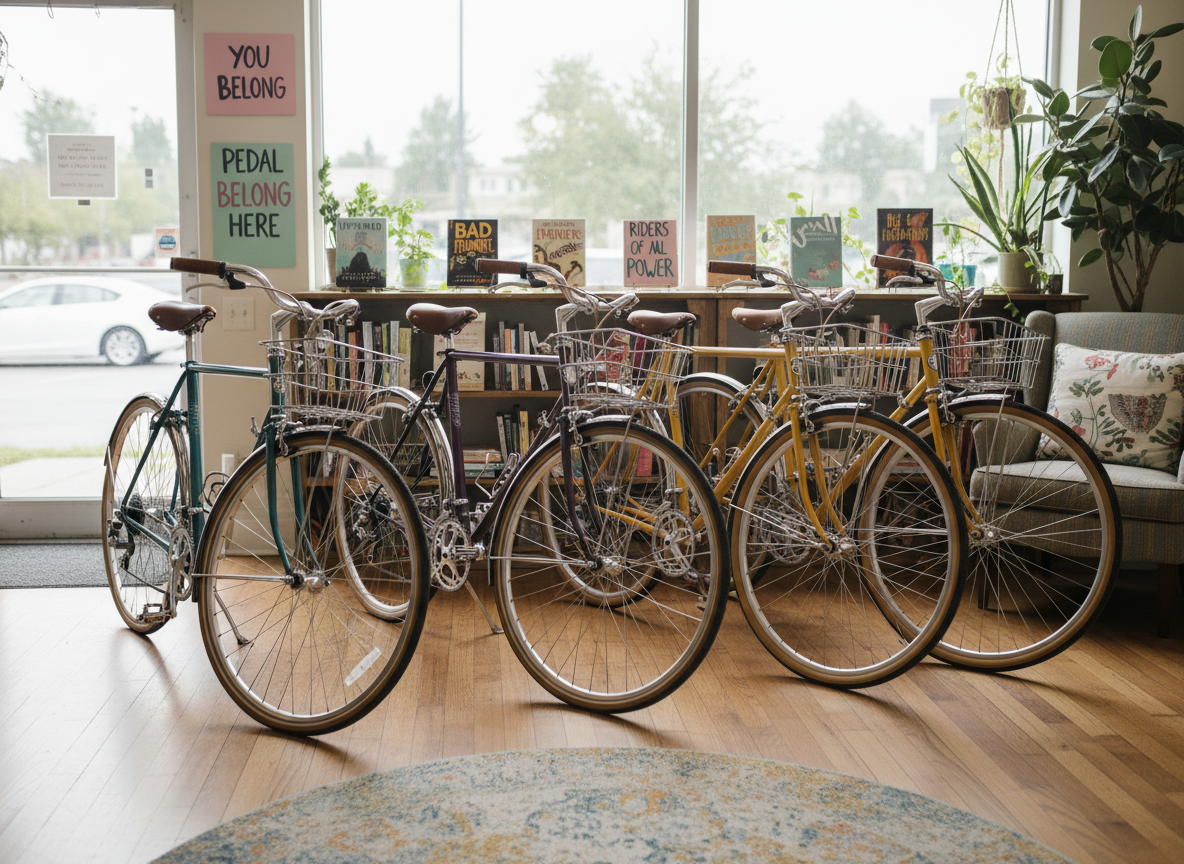 A luminous, welcoming bike shop interior focused on a row of thoughtfully curated bicycles in rich jewel tones—teal, plum, and deep mustard—each with supple leather saddles and gently textured bar tape. The bikes rest on a warm, honey-colored wood floor, framed by low bookshelves holding a small but intentional selection of feminist and body-positive titles. Large front windows let in soft Seattle overcast light, diffused across the room and catching tiny metallic highlights on spokes and pedals. The atmosphere feels playful yet calm, with hand-lettered signage and pops of pastel color in the background. Photographic realism, shot at eye level with a slight wide angle, sharp focus throughout to showcase the inclusive, cozy environment of this feminist bike shop.