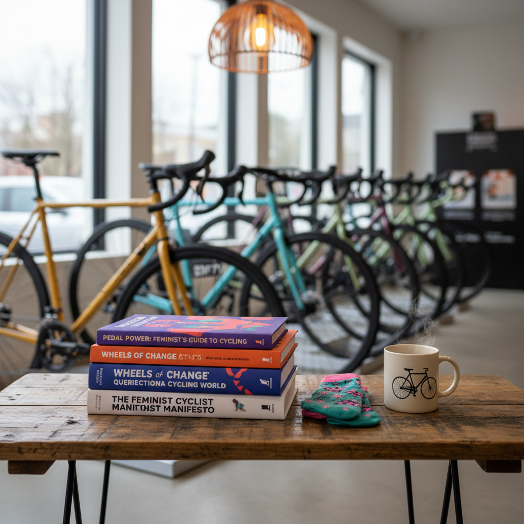 A meticulously arranged reading nook inside a bike shop, centered on a low, reclaimed-wood table stacked with vibrant, feminist cycling books and intersectional feminist literature. A pair of brightly patterned cycling socks, folded neatly, rests beside a ceramic mug with a minimalist line drawing of a bicycle. Behind the table, bicycles in varied frame sizes and inclusive colorways form a soft, blurred backdrop. Overcast daylight filters through large windows, combining with a single warm pendant lamp to bathe the scene in cozy, diffused light. The composition is shot from a slightly elevated angle with shallow depth of field, emphasizing the books and socks while keeping the bikes as a supportive background. The mood is inviting, geeky, and gently rebellious, captured in clean, modern photographic realism.