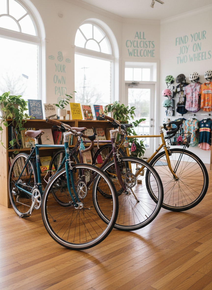 A luminous, welcoming bike shop interior focused on a row of thoughtfully curated bicycles in rich jewel tones—teal, plum, and deep mustard—each with supple leather saddles and gently textured bar tape. The bikes rest on a warm, honey-colored wood floor, framed by low bookshelves holding a small but intentional selection of feminist and body-positive titles. Large front windows let in soft Seattle overcast light, diffused across the room and catching tiny metallic highlights on spokes and pedals. The atmosphere feels playful yet calm, with hand-lettered signage and pops of pastel color in the background. Photographic realism, shot at eye level with a slight wide angle, sharp focus throughout to showcase the inclusive, cozy environment of this feminist bike shop.
