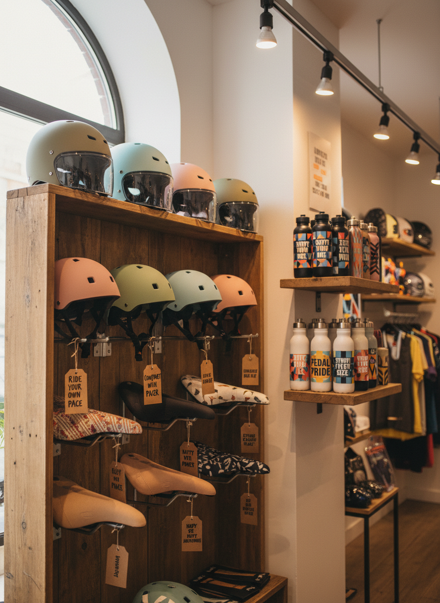 A cozy corner display in a feminist bike shop showcasing a carefully curated collection of inclusive cycling gear. A sturdy wooden rack holds a spectrum of helmets in matte pastel colors and larger, hard-to-find sizes, their textures ranging from smooth to slightly rubberized. Below, a series of broad, supportive saddles with different widths and cutouts sits on simple metal brackets, each tagged with handwritten, encouraging notes about comfort over speed. Nearby, a small shelf holds bold, graphic water bottles with affirming slogans. The space is lit by a combination of soft overhead LEDs and gentle window light, producing even, flattering illumination. Photographic realism, composed at eye level with moderate depth of field, creates a calm, validating atmosphere that celebrates diverse riders without showing any people.