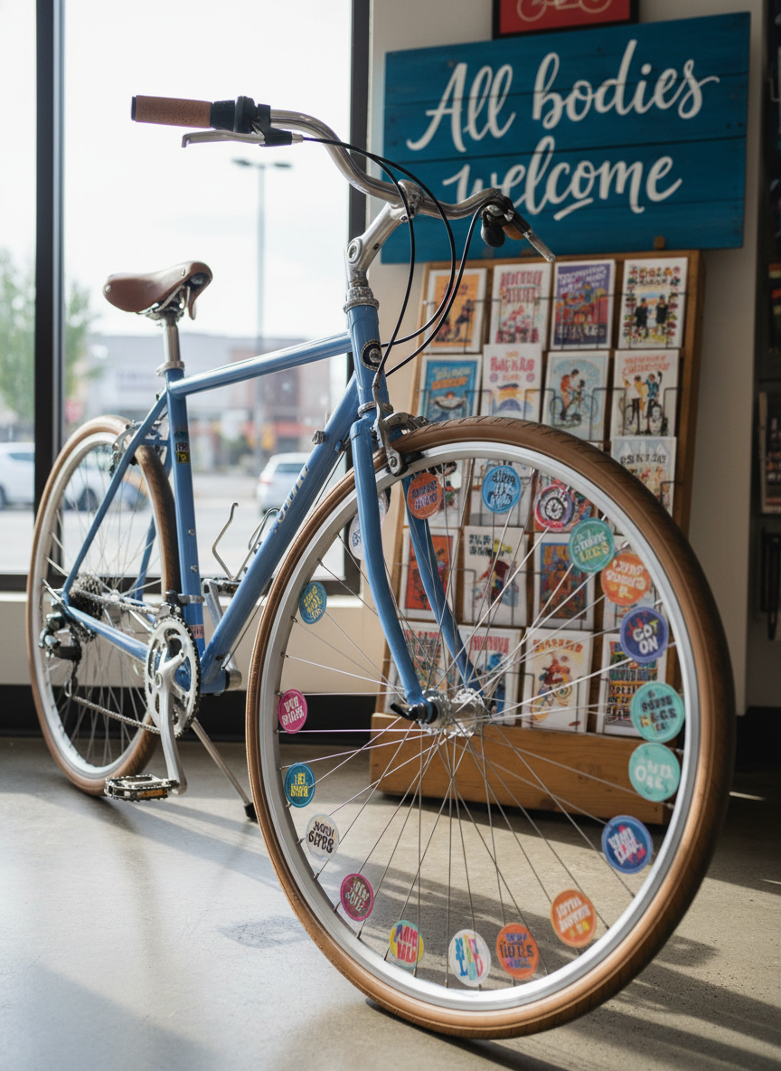 A detailed, photographic close-up of a sturdy, step-through commuter bicycle in a dreamy periwinkle finish, designed for comfort and accessibility. The low standover frame features a wide, plush saddle, swept-back handlebars wrapped in cork tape, and colorful spoke cards with affirming phrases. The bike is parked on a smooth concrete floor near the shop’s entrance, next to a small display of empowering postcards and a hand-painted sign reading “All bodies welcome.” Soft, diffused Seattle daylight streams through the nearby window, creating subtle reflections on the frame and a gentle shadow along the floor. Shot at a low angle with the front wheel in the foreground and a shallow depth of field, the mood is playful, warm, and quietly radical, highlighting inclusive bike design.